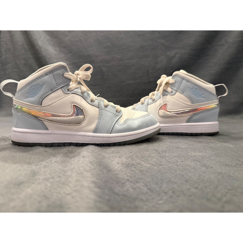 Jordan 1 Mid SE Glitter Swoosh Ice Blue White Sneakers Kids Size 2.5Y FQ9118-400